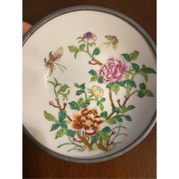 Vintage Japanese porcelain bowl with pewter casing